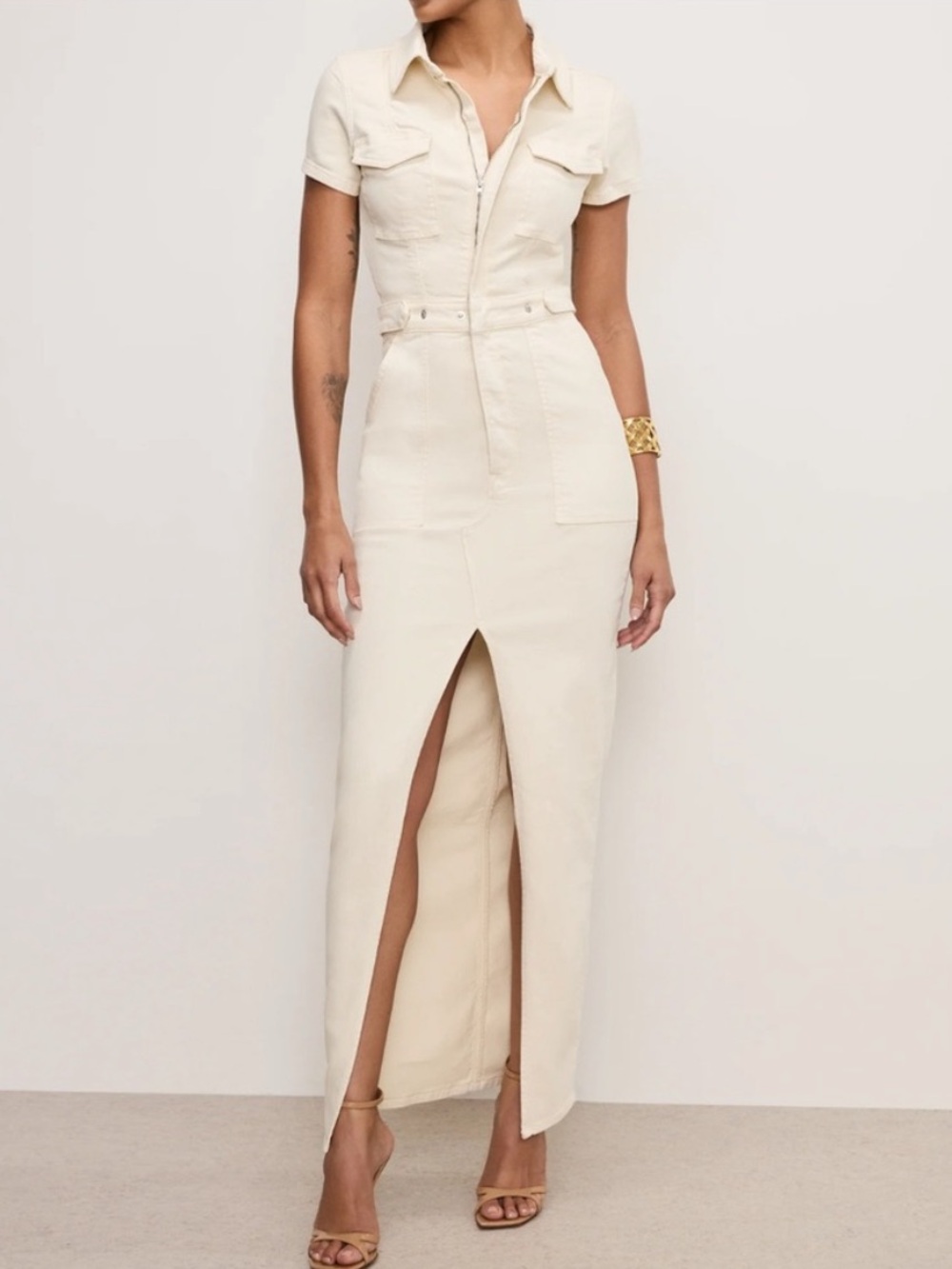 Good American Cream Maxi Shirt Dress with Front Slit